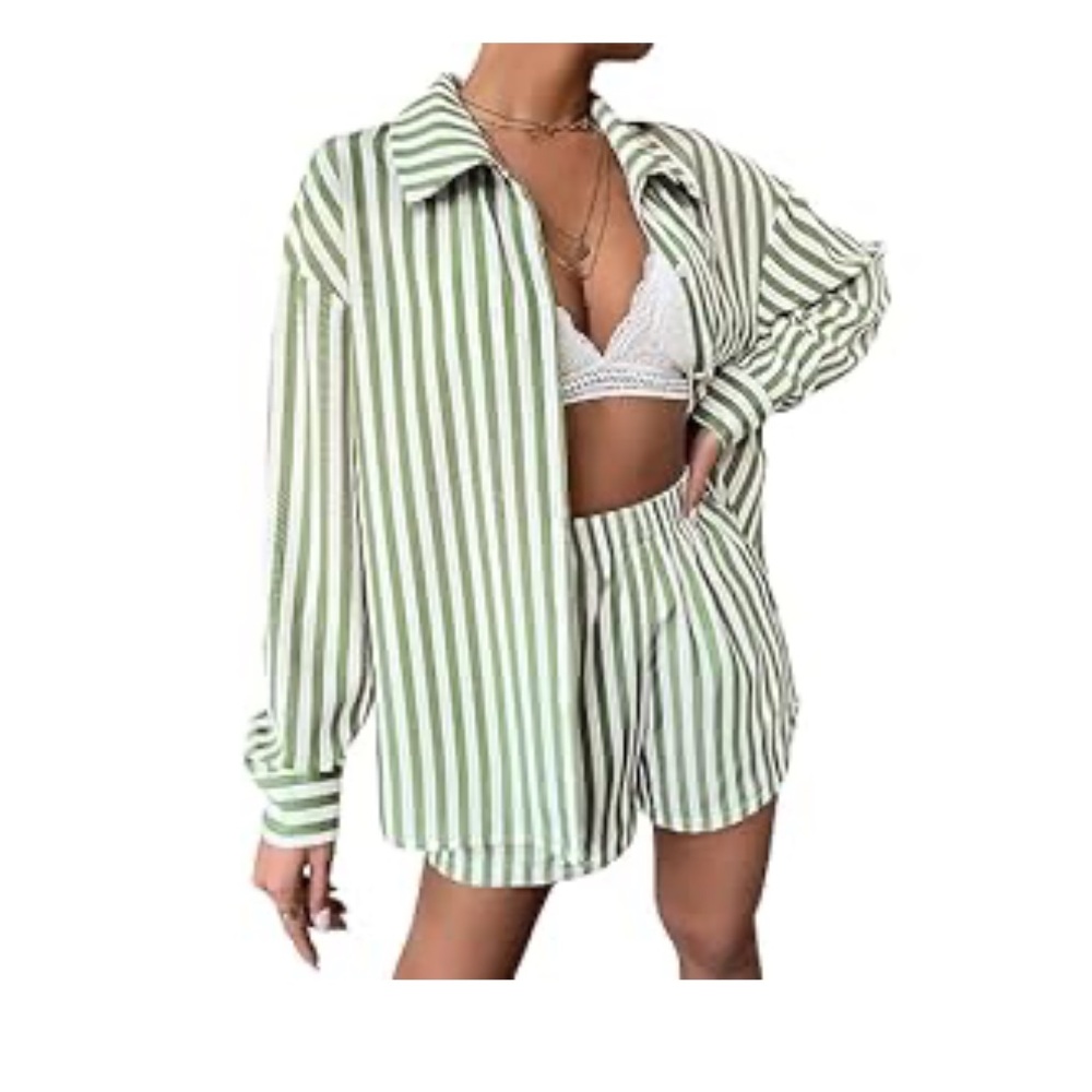 Green and white Striped Short Set